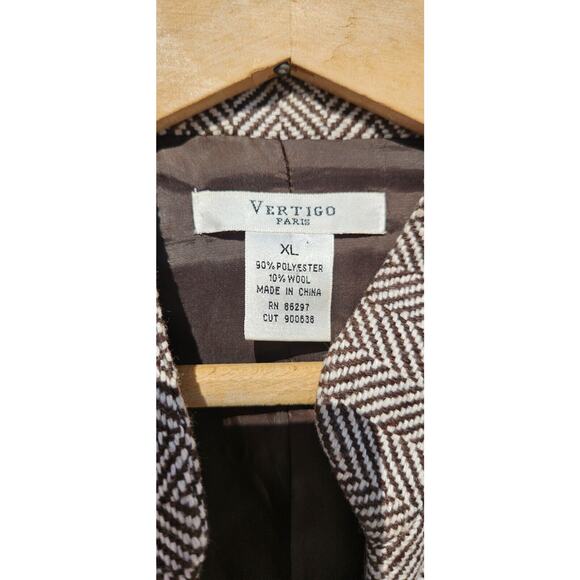 Vertigo Paris Blazer Womens XL Brown Ivory Herringbone Wool Blend Open Jacket - Picture 4 of 12